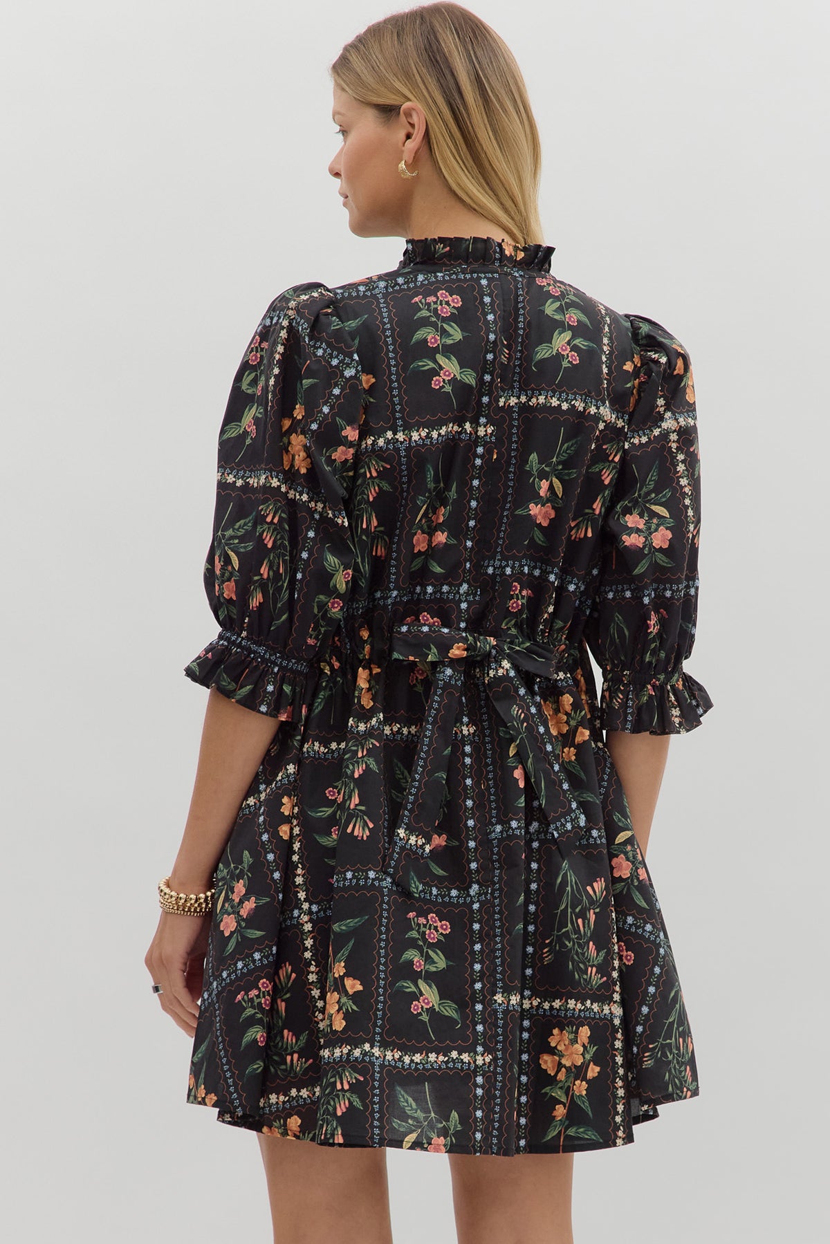 Floral Pattern 3/4 Sleeve Dress | Black