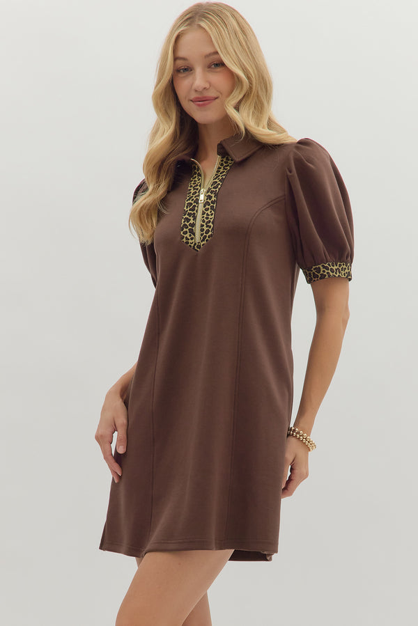 Collared Leopard Trim Zip Dress | Brown