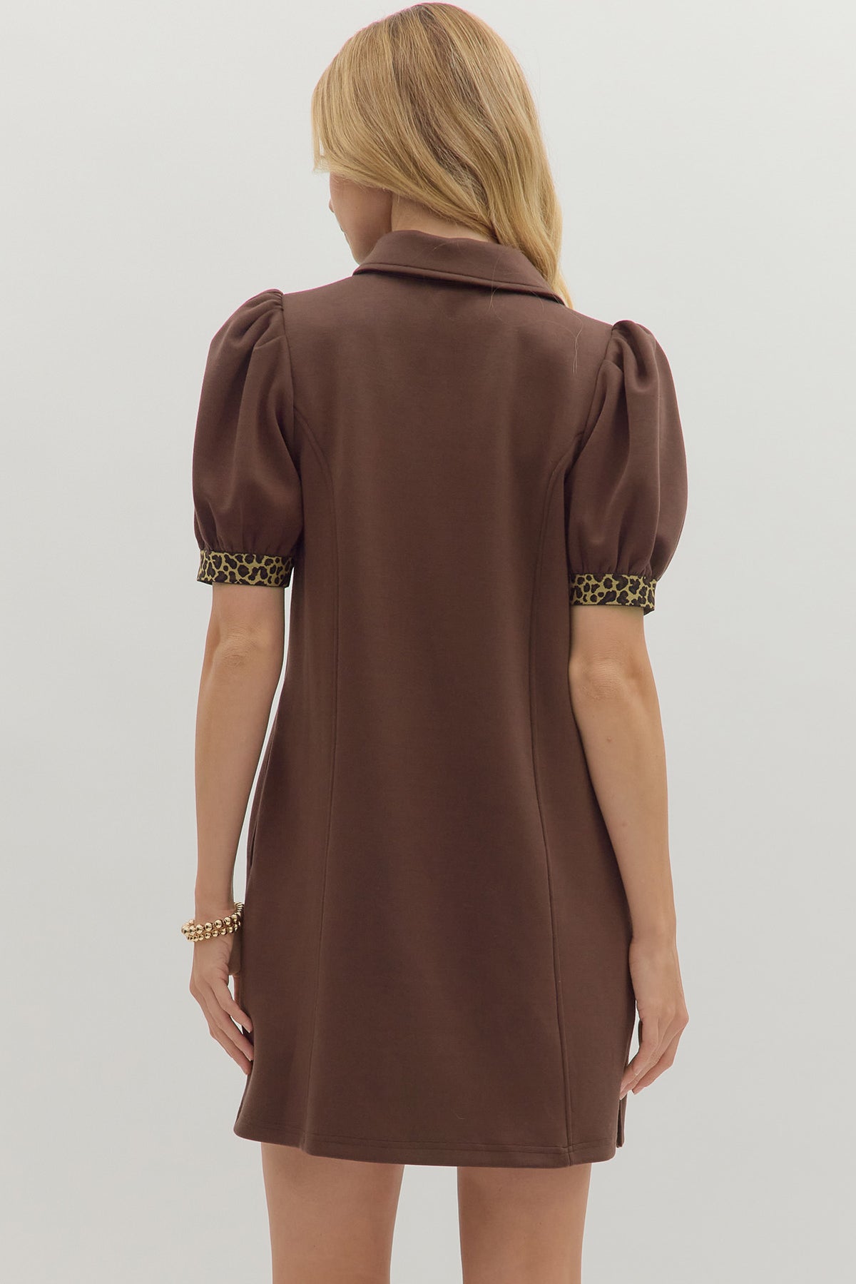 Collared Leopard Trim Zip Dress | Brown