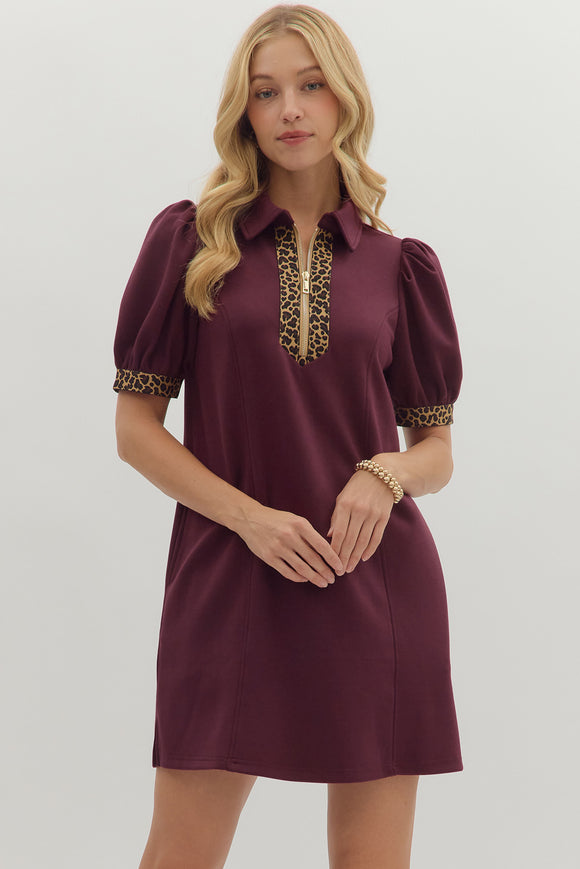 Collared Leopard Trim Zip Dress | Wine