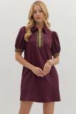 Collared Leopard Trim Zip Dress | Wine