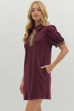 Collared Leopard Trim Zip Dress | Wine