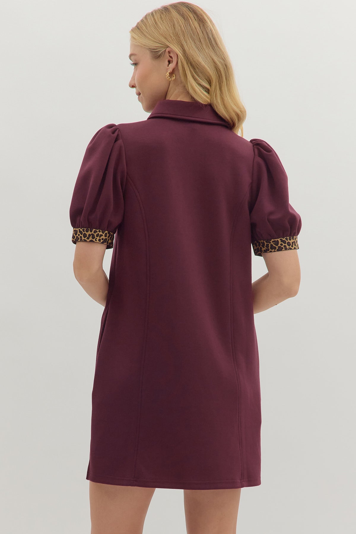 Collared Leopard Trim Zip Dress | Wine