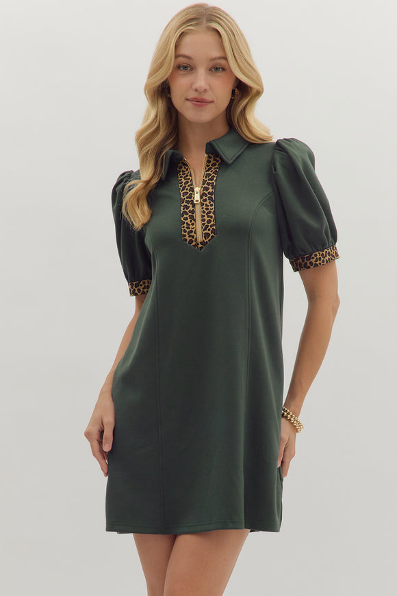 Collared Leopard Trim Zip Dress | Dark Green