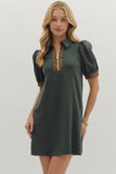 Collared Leopard Trim Zip Dress | Dark Green