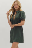 Collared Leopard Trim Zip Dress | Dark Green