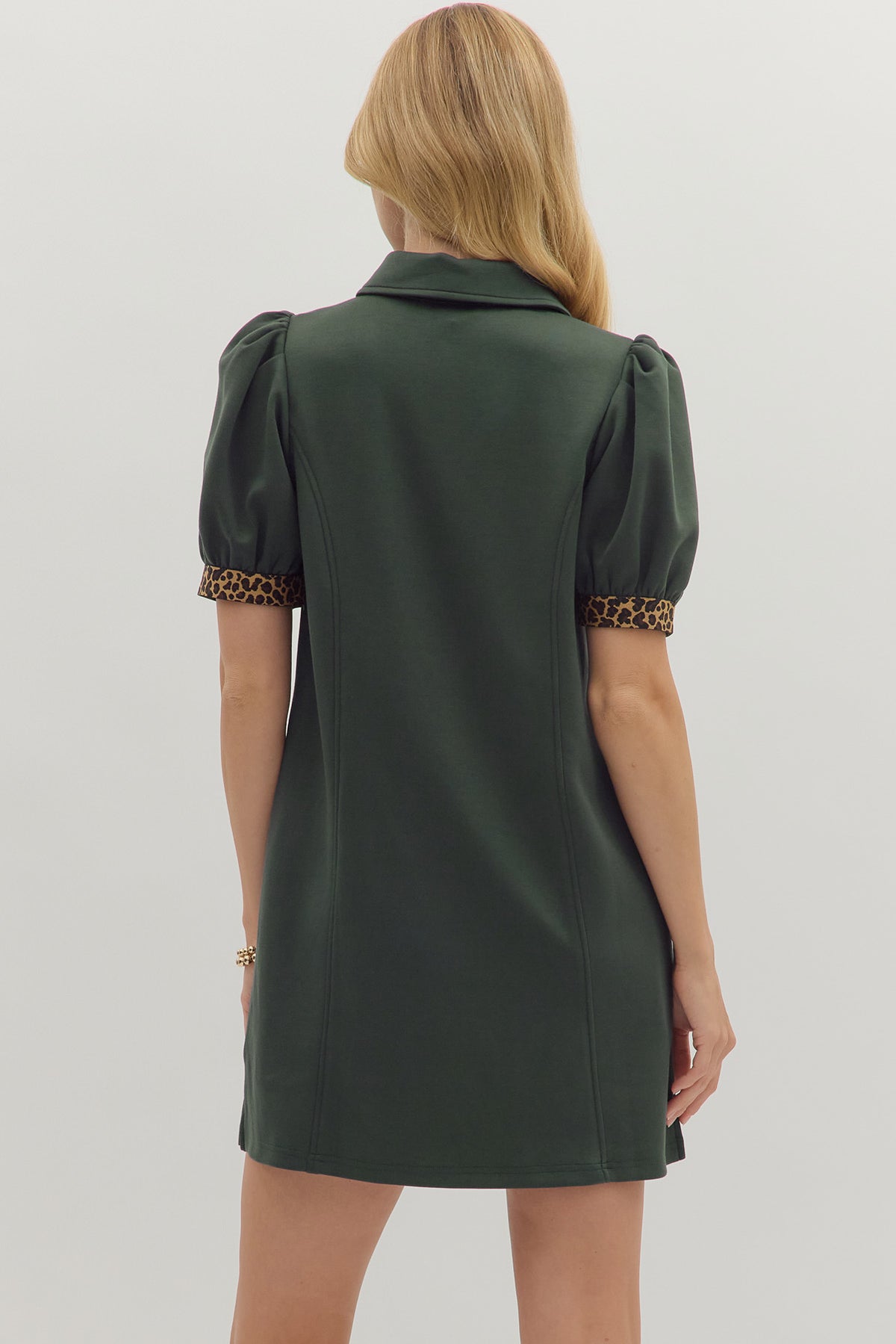 Collared Leopard Trim Zip Dress | Dark Green