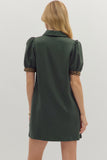 Collared Leopard Trim Zip Dress | Dark Green