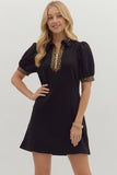 Collared Leopard Trim Zip Dress | Black