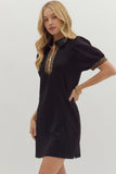 Collared Leopard Trim Zip Dress | Black