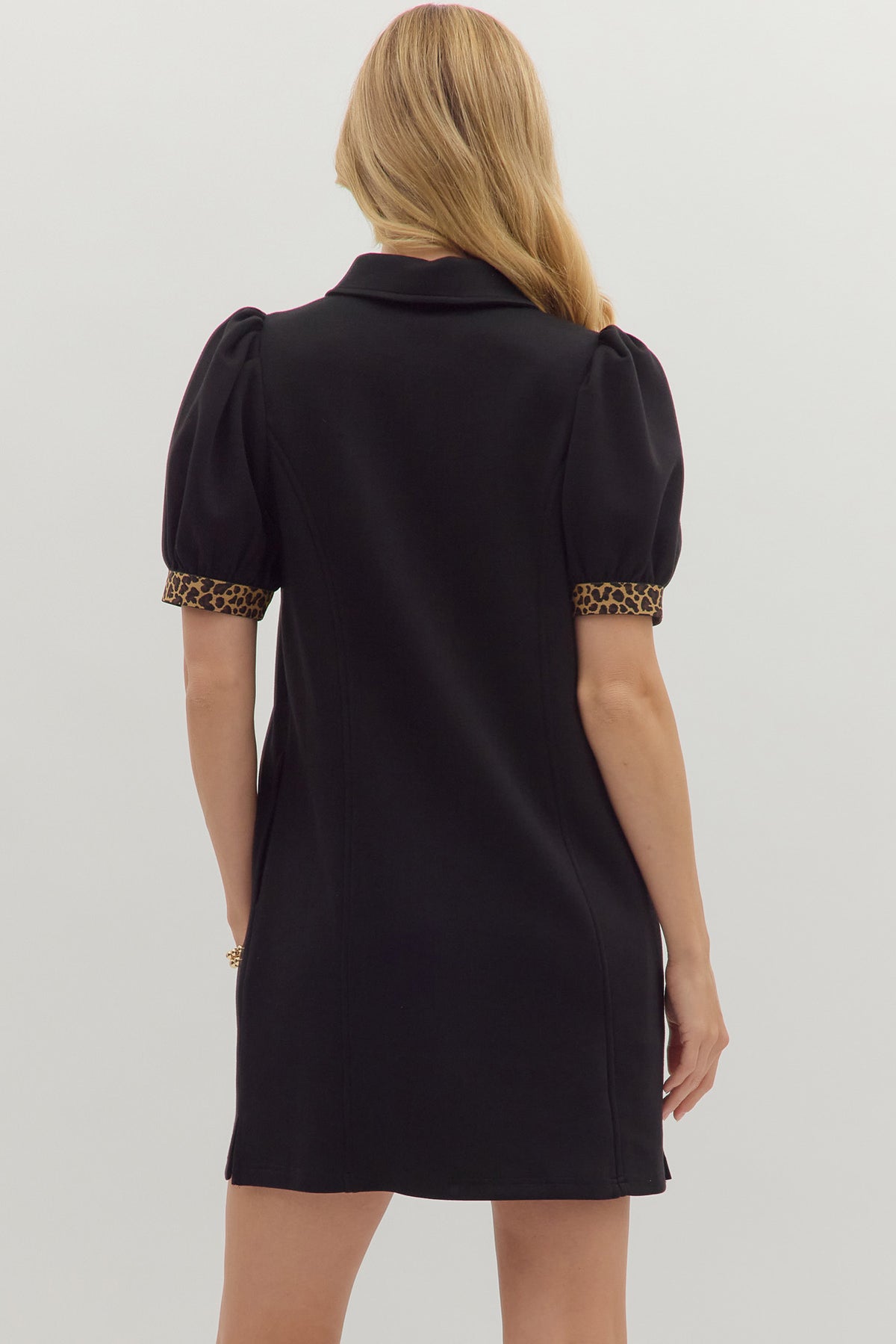 Collared Leopard Trim Zip Dress | Black