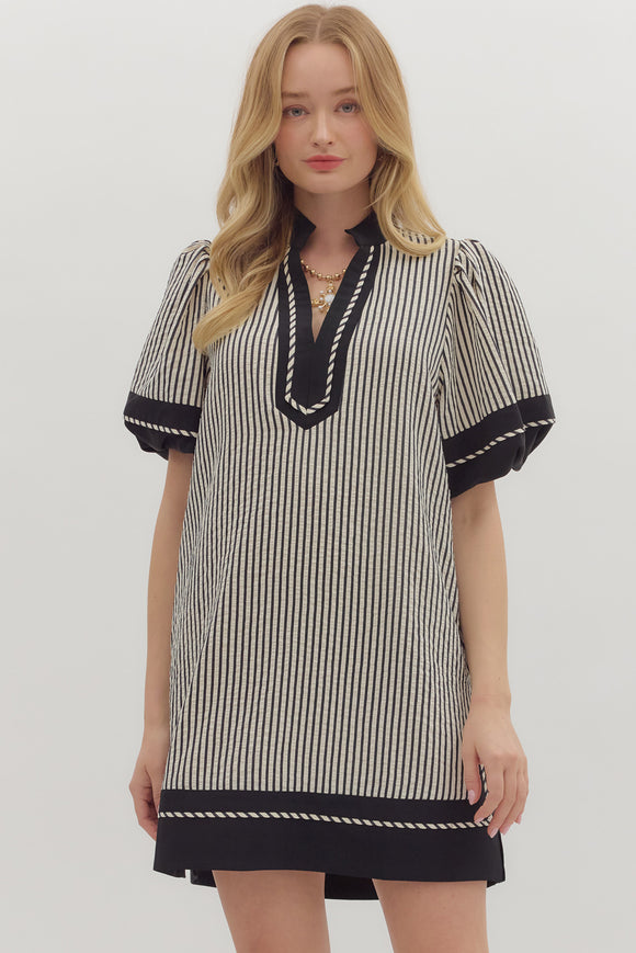 Striped Lantern Sleeve Dress | Black