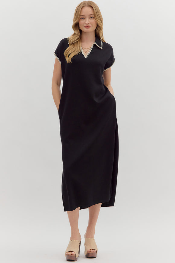 Collared Jersey Stitch Detail Midi Dress | Black
