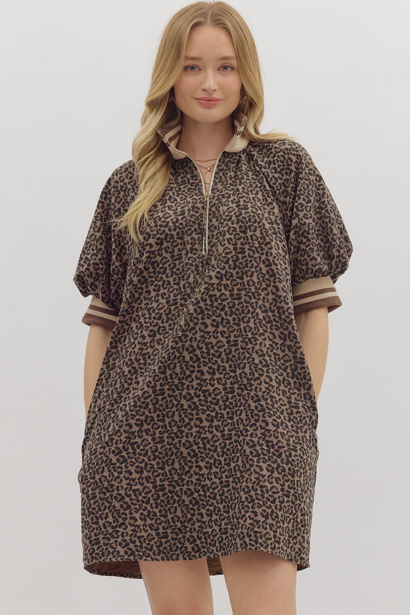 Leopard Zip Puff Sleeve Dress | Mocha