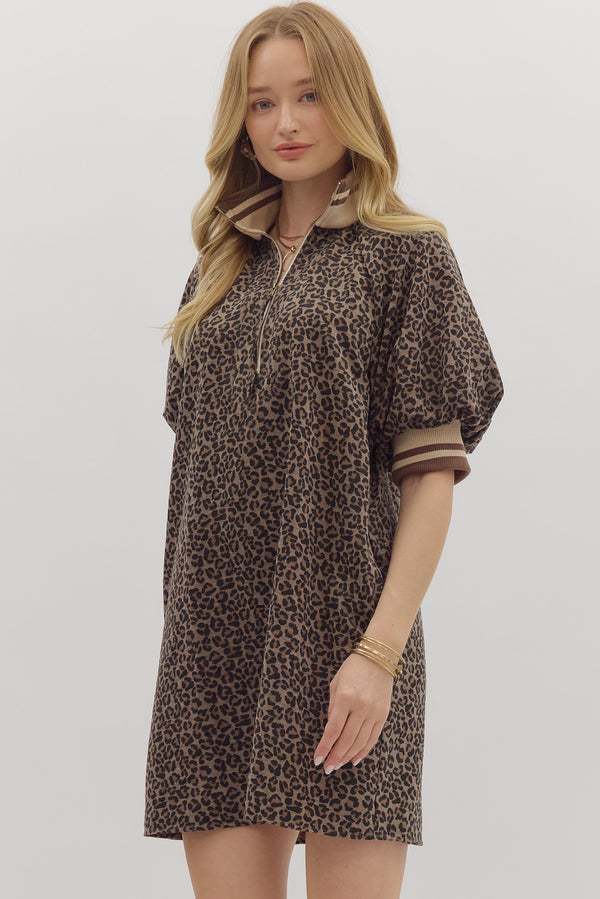 Leopard Zip Puff Sleeve Dress | Mocha