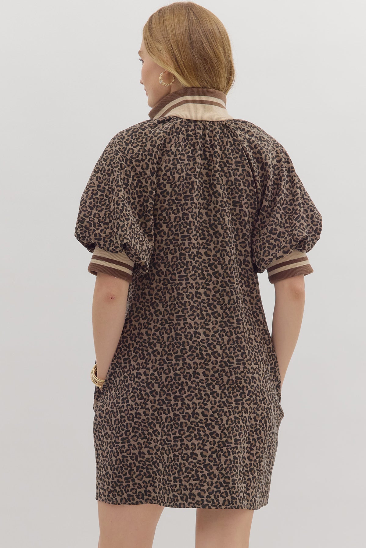 Leopard Zip Puff Sleeve Dress | Mocha