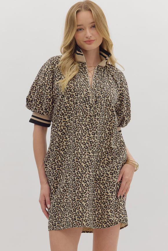 Leopard Zip Puff Sleeve Dress | Taupe
