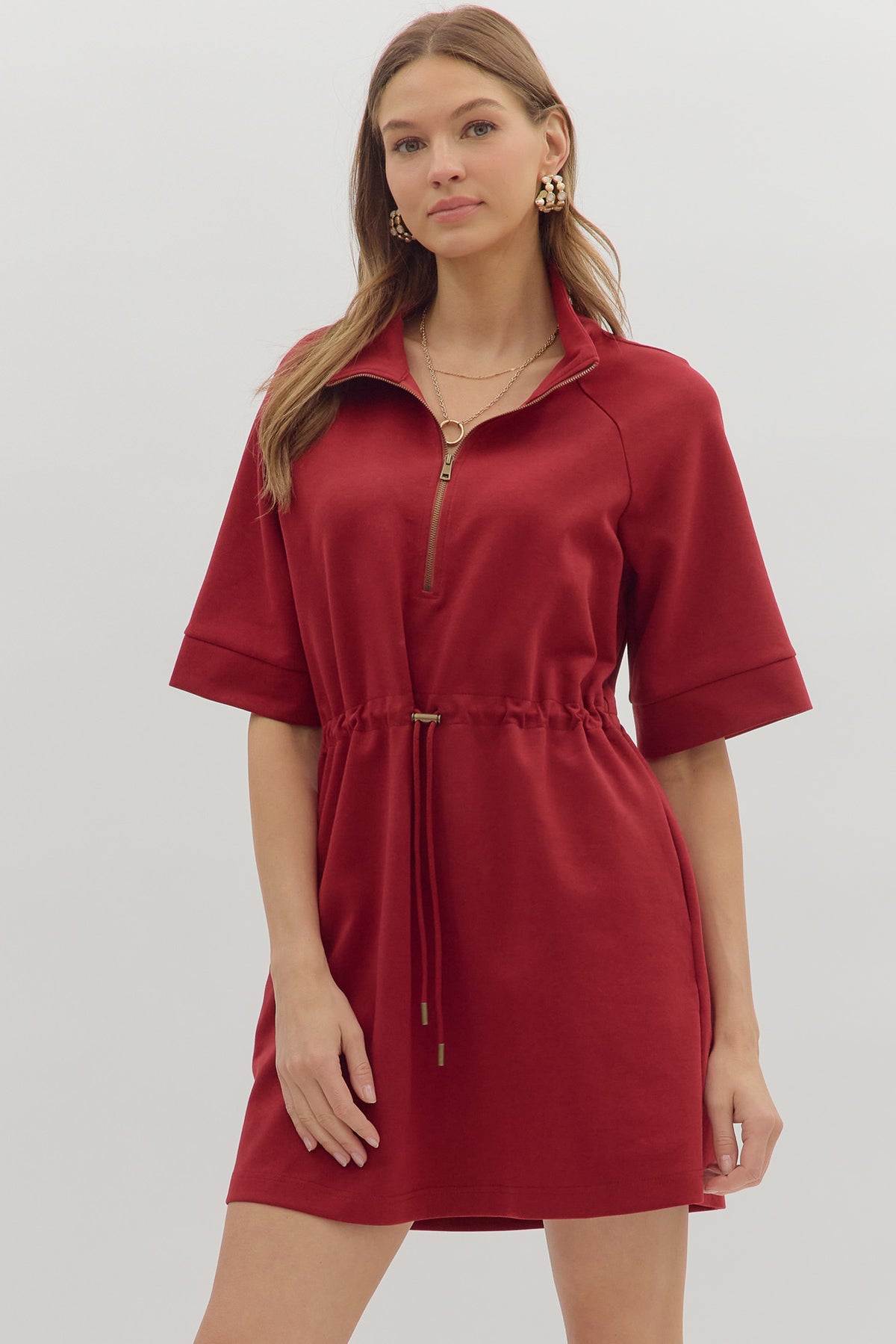 Drawstring Front Zip Dress | Burgundy