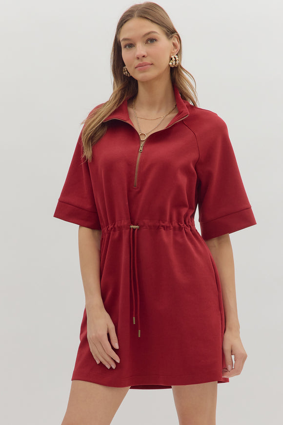 Drawstring Front Zip Dress | Burgundy