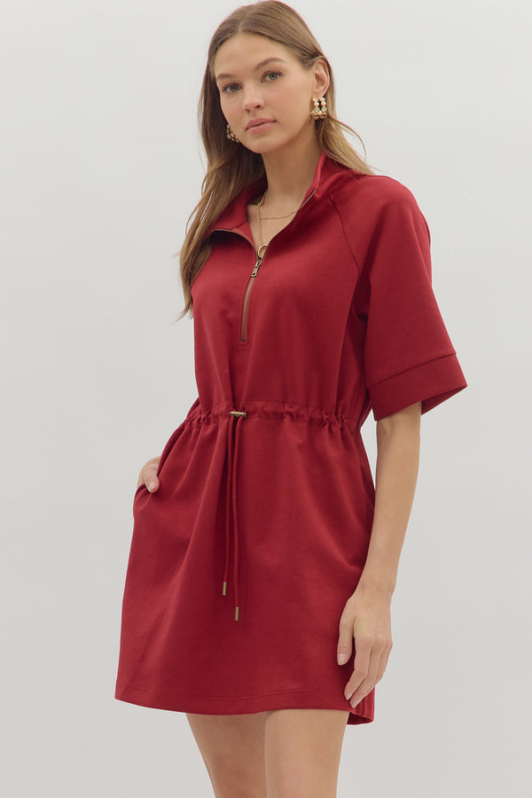Drawstring Front Zip Dress | Burgundy