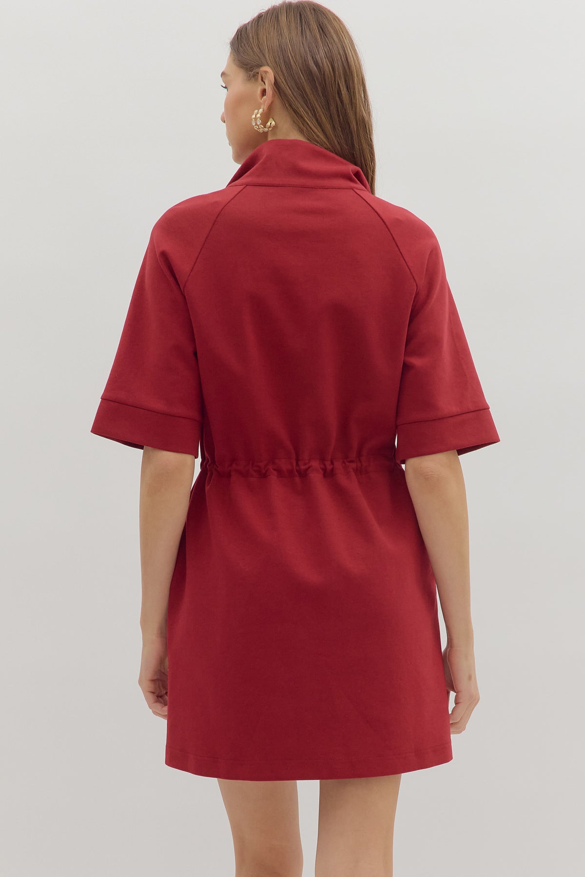 Drawstring Front Zip Dress | Burgundy