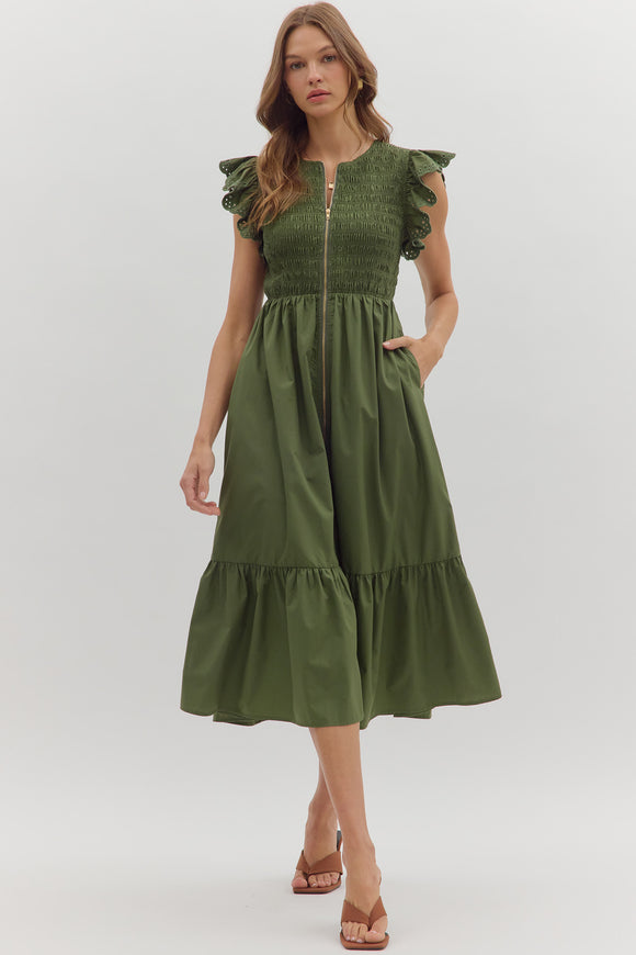 Smocked Zip Flutter Sleeve Midi Dress | Olive