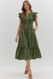 Smocked Zip Flutter Sleeve Midi Dress | Olive