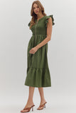Smocked Zip Flutter Sleeve Midi Dress | Olive