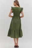 Smocked Zip Flutter Sleeve Midi Dress | Olive