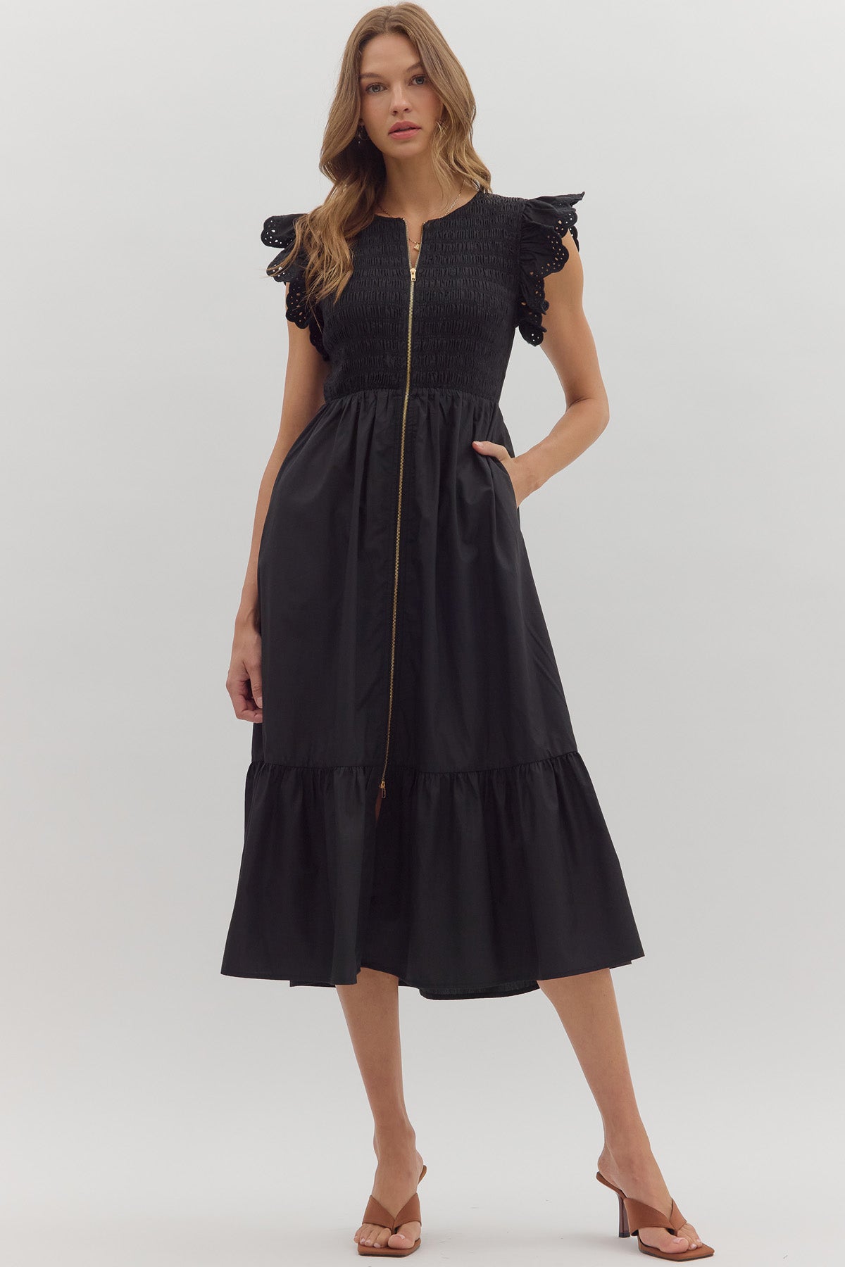 Smocked Zip Flutter Sleeve Midi Dress | Black