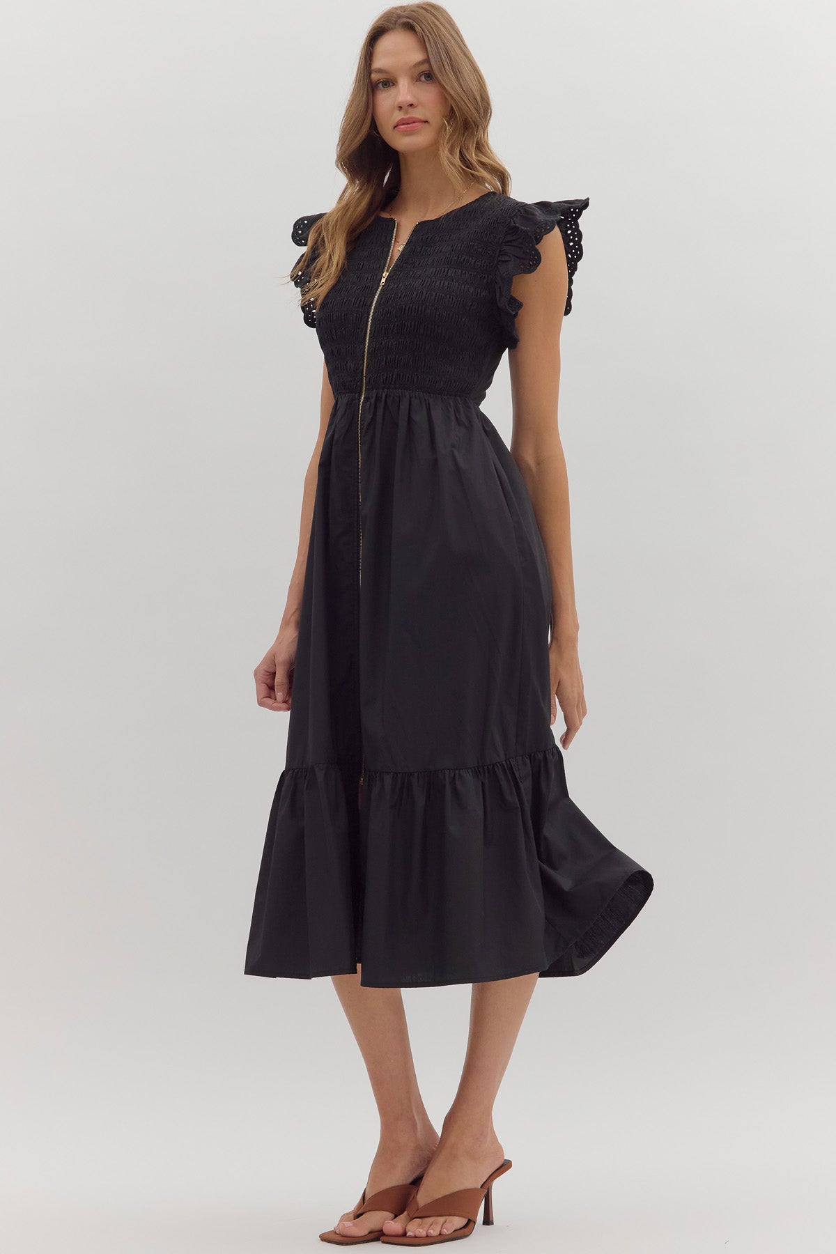 Smocked Zip Flutter Sleeve Midi Dress | Black