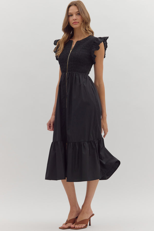 Smocked Zip Flutter Sleeve Midi Dress | Black