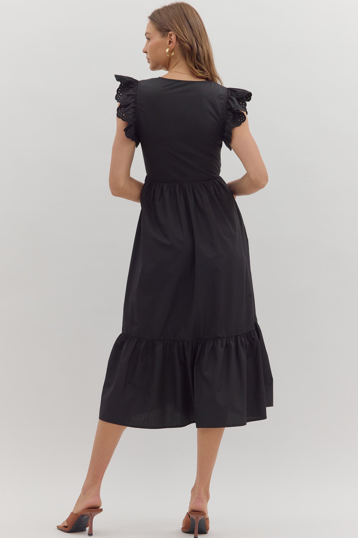 Smocked Zip Flutter Sleeve Midi Dress | Black