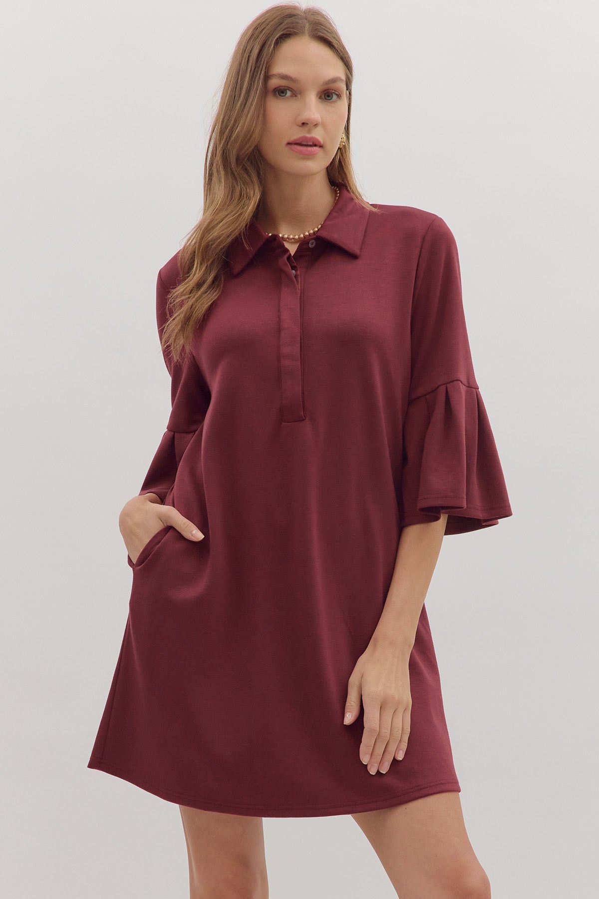 Collared Flutter Sleeve Dress | Wine