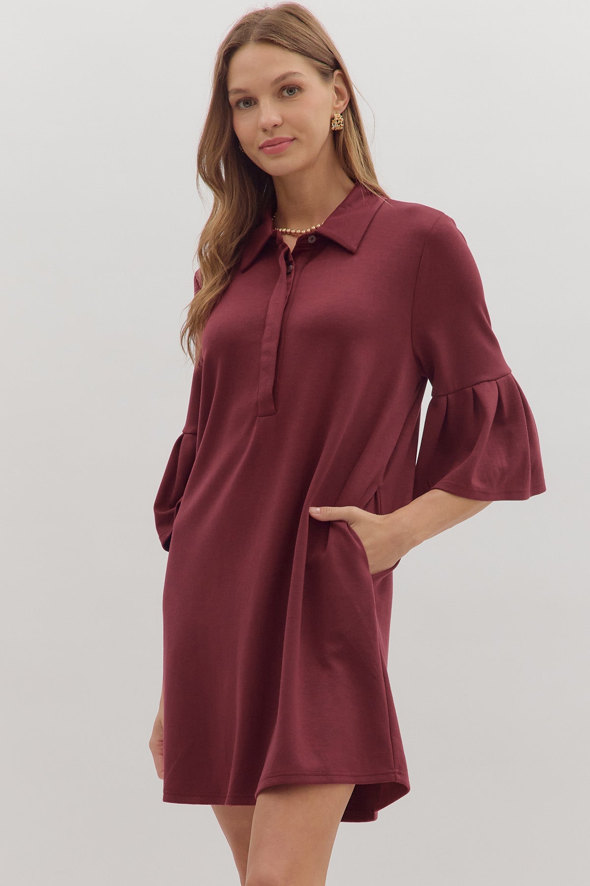 Collared Flutter Sleeve Dress | Wine
