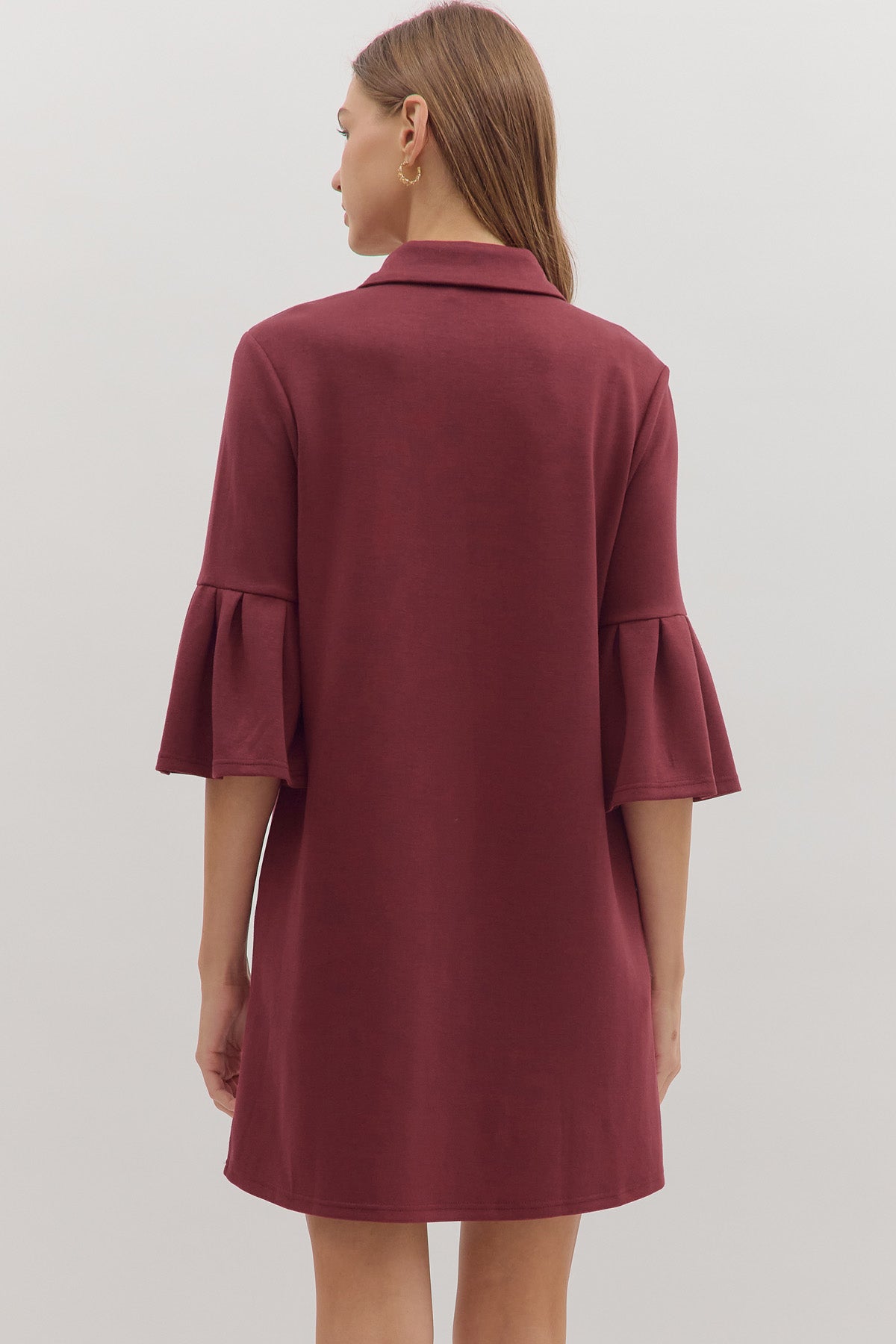 Collared Flutter Sleeve Dress | Wine