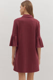Collared Flutter Sleeve Dress | Wine