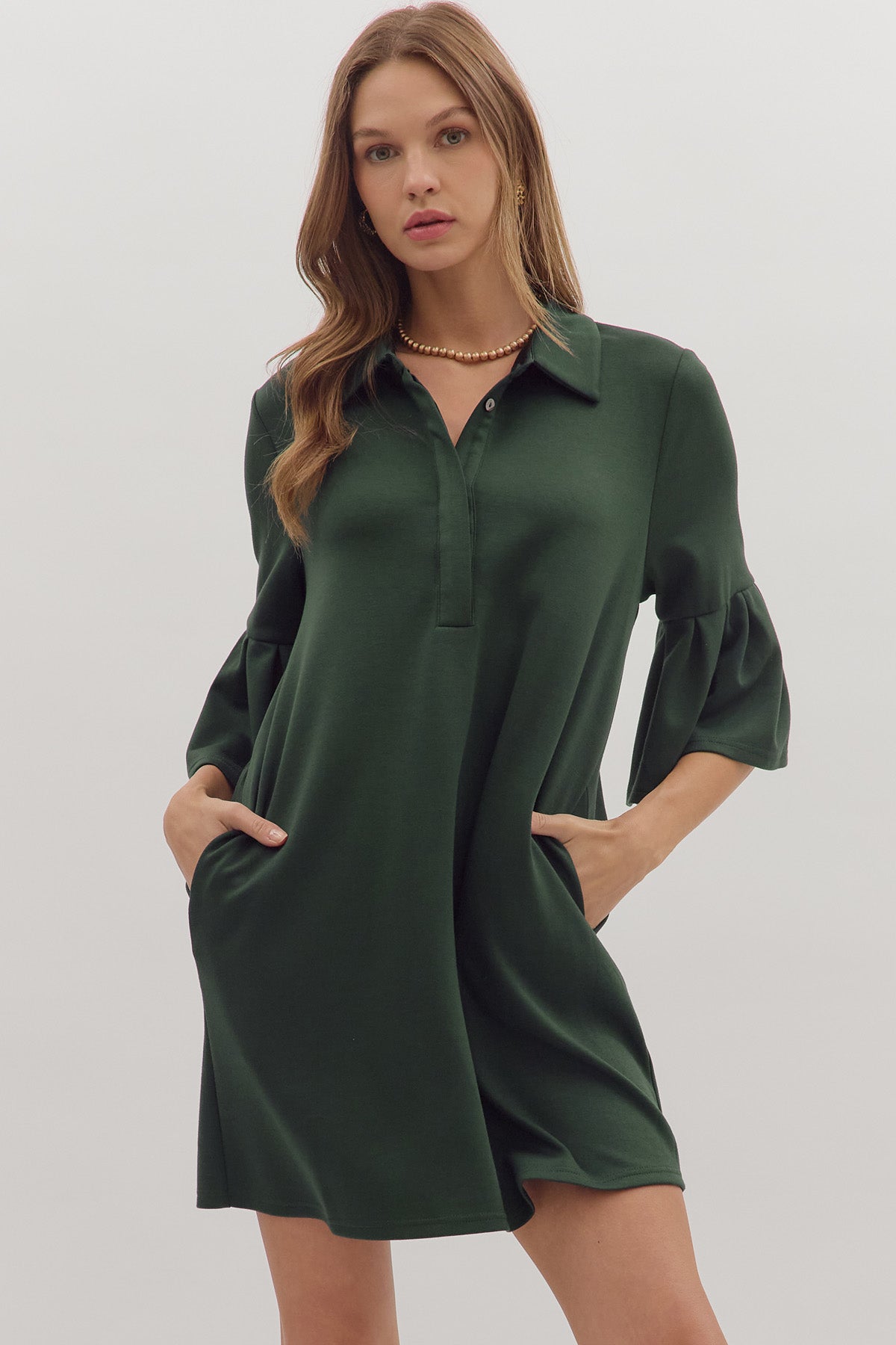 Collared Flutter Sleeve Dress | Forest Green