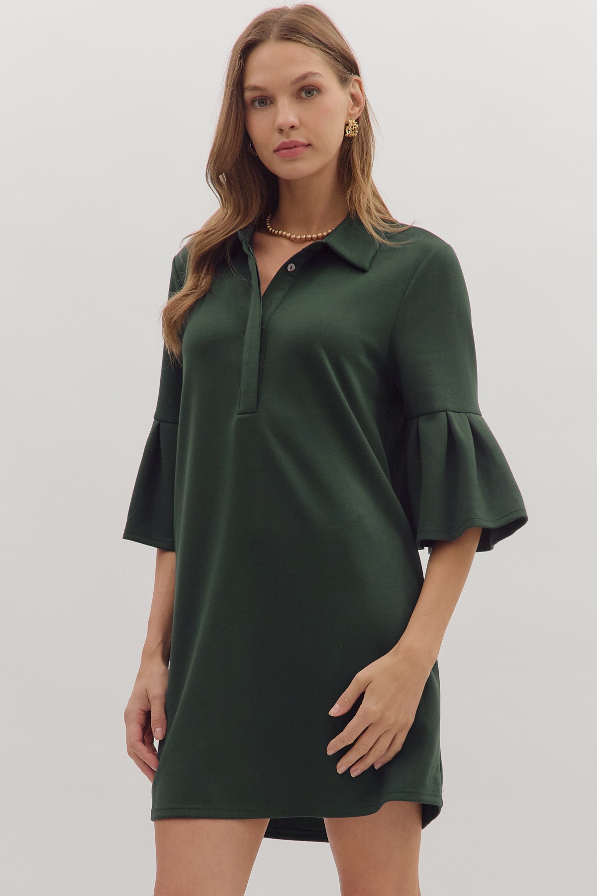 Collared Flutter Sleeve Dress | Forest Green