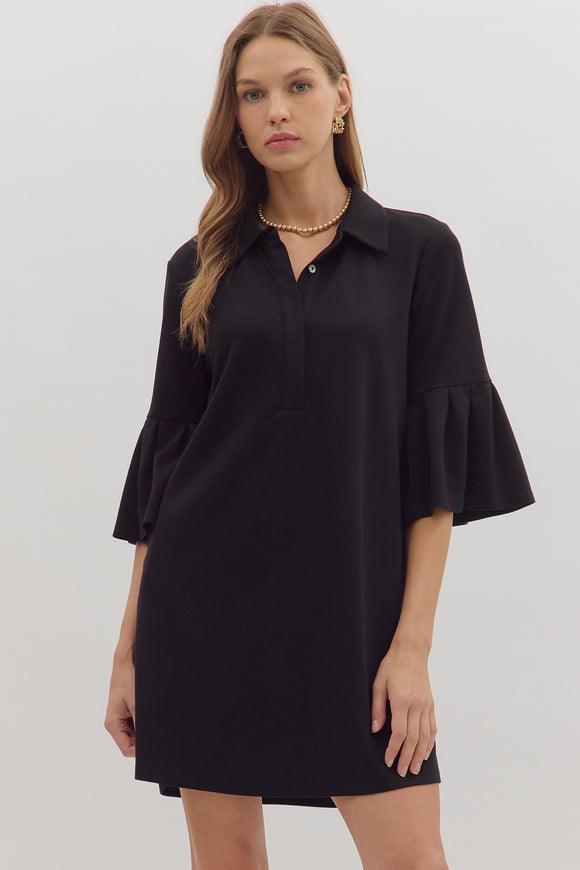 Collared Flutter Sleeve Dress | Black