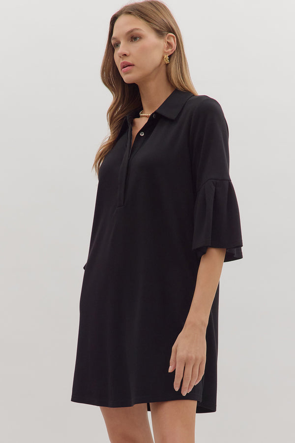 Collared Flutter Sleeve Dress | Black