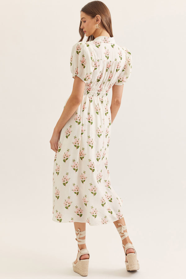 Floral Smocked Waist Midi Dress | Cream/Pink