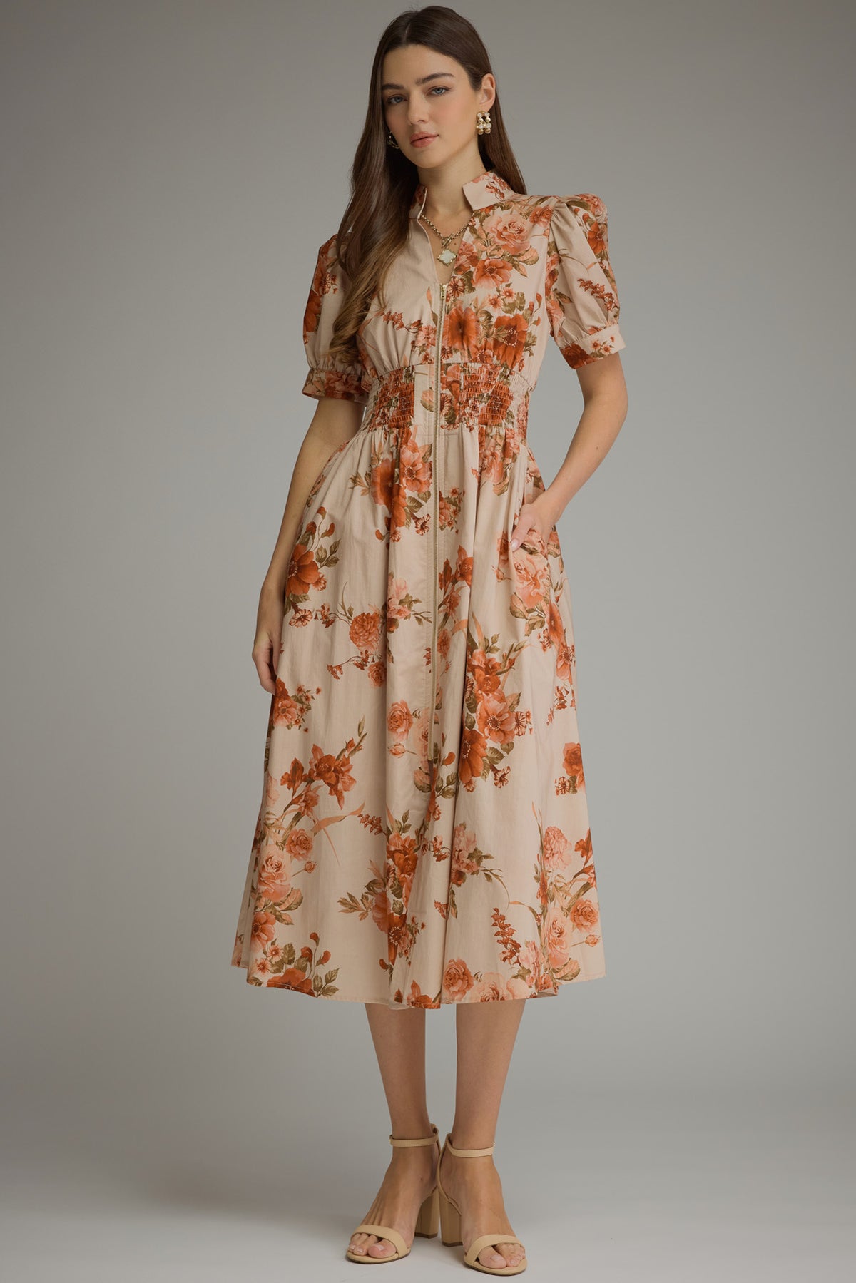 Fall Floral Midi Dress | Rust/Taupe