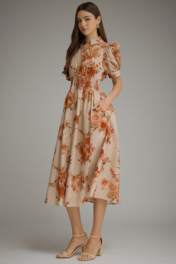 Fall Floral Midi Dress | Rust/Taupe