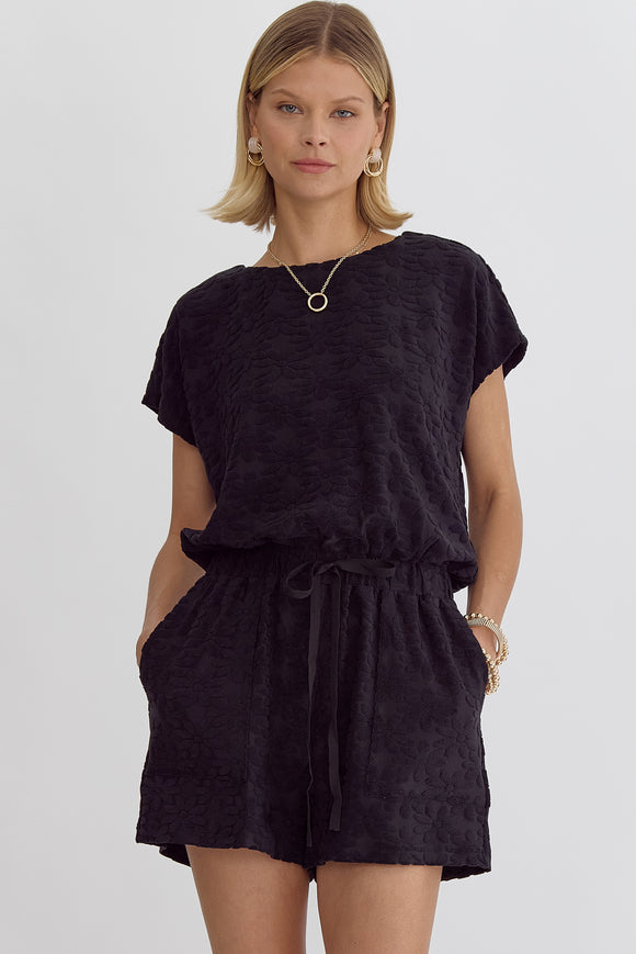Floral Embossed French Terry Romper | Black