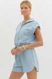 Textured Collared Romper | Light Blue