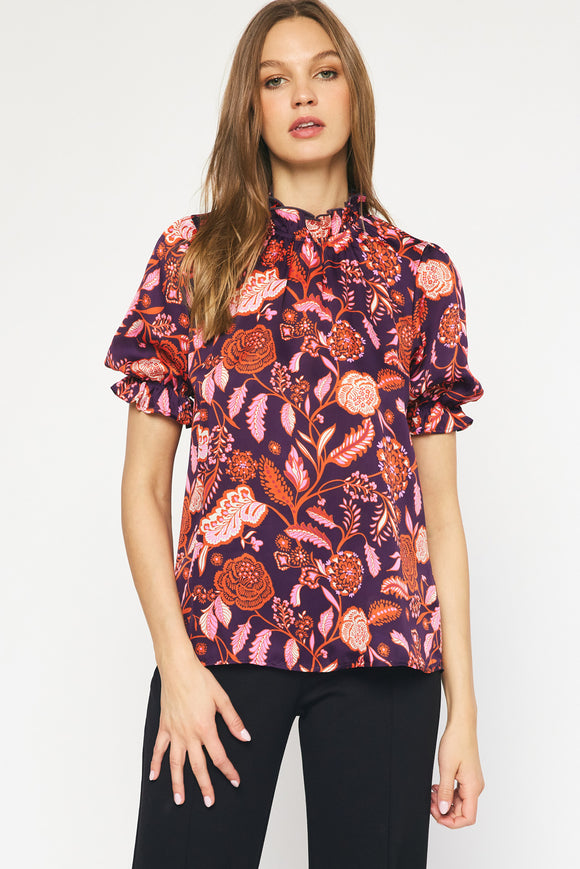 Satin Floral Mock Neck Top | Plum Mix