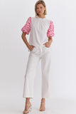 Embroidered Puff Sleeve Top | Off White+Pink Multi