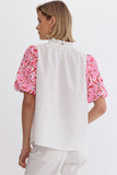 Embroidered Puff Sleeve Top | Off White+Pink Multi