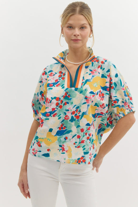 Floral Banded Trim Top | Multi